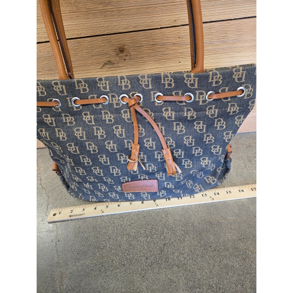 Dooney & Bourke Monogram Denim Canvas Leather Tassel Drawstring Tote Bag OS - Picture 5 of 9
